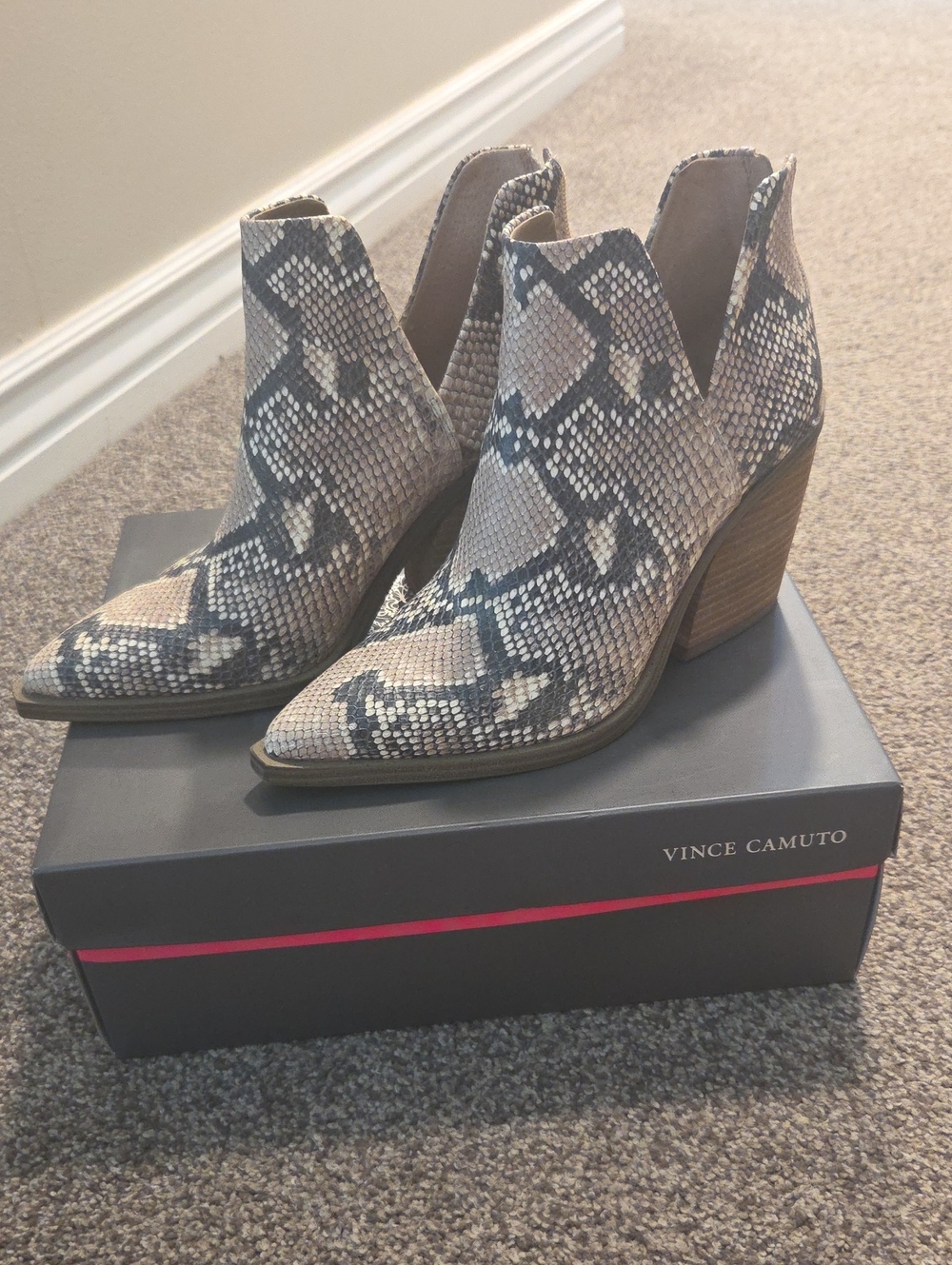Vince Camuto Women's Snake-Print Ankle Boot in Taupe